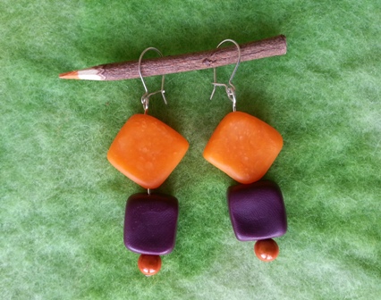 Bordeaux and orange square beads earrings