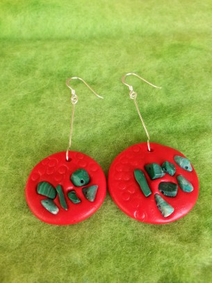 amazonite gemstone on red bead earrings
